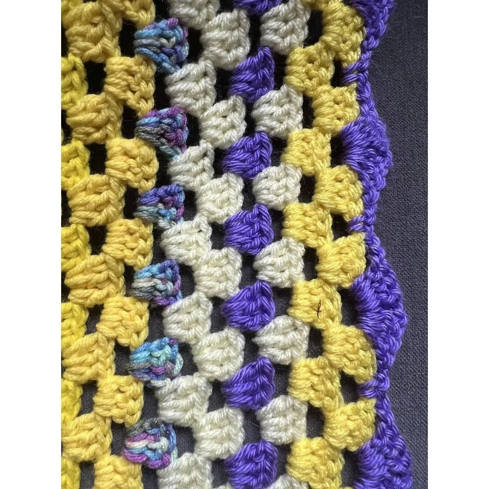 Crochet Afghan Purple Yellow Granny Blanket Cottagecore Lap Throw 48x40 Handmade